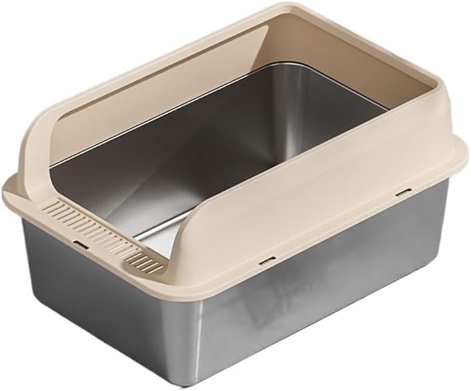 Pet Supplies, Stainless Steel Cat Litter Box,Large Metal, Non-Stick for Cats & Rabbits(Khaki)