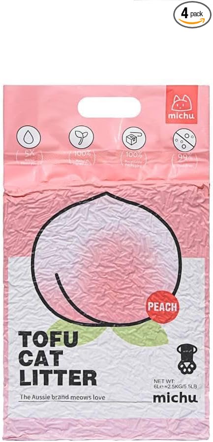 Michu Tofu Cat Litter Natural Clumping Tofu Cat Litter, Fast Clumping and Easily Scoop-able 5.5lb/88oz 5 Scents - Peach, 4 Pack