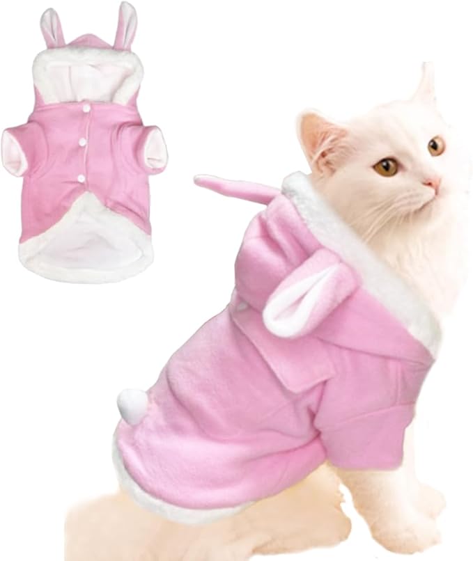 ANIAC Bunny Ears Cat Costume Plush Dog Hoodies with Pocket Sweater Cute Kitten Cat Clothes Warm Rabbit Ears Outfit with Hood for Small Dog Cat and Puppy (Pink-2, Small)