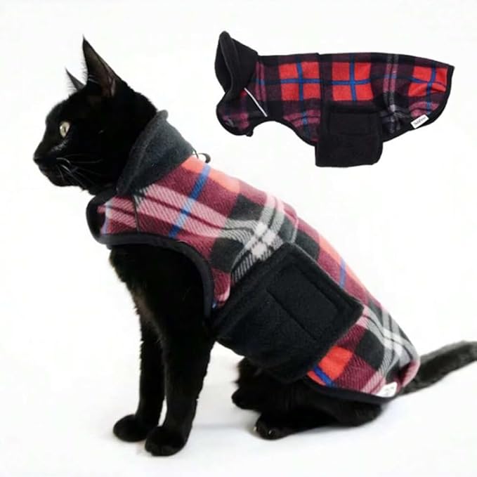 Sphynx Cat Windproof Turtleneck Jacket, Cat Puppy Warm Fleece Hoodie Fall and Winter,Easy to Wear Cat Coat with Velcro,Neck and Chest Adjustable Sweater (L (5.5-8lbs))