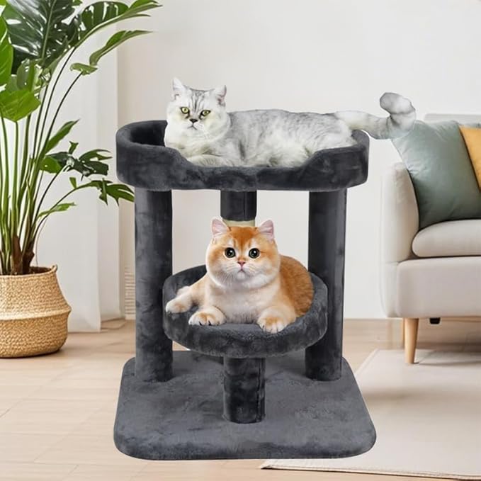 23" Cat Tree Tower with Cat Condos - Large Cat Tree - Cat Tower for Indoor Cats - Play Scratch Hide Climb Activity Furniture with Toy - Gray