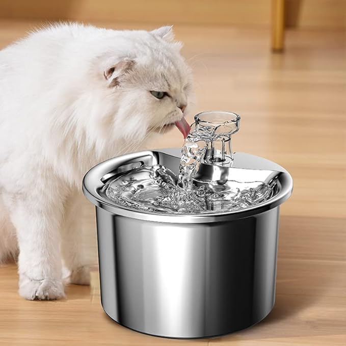 Cat Water Fountain - 67Oz/2L Automatic 304 Stainless Steel Pet Water Fountain, Ultra-Quiet Pump and 4 Replacement Filter