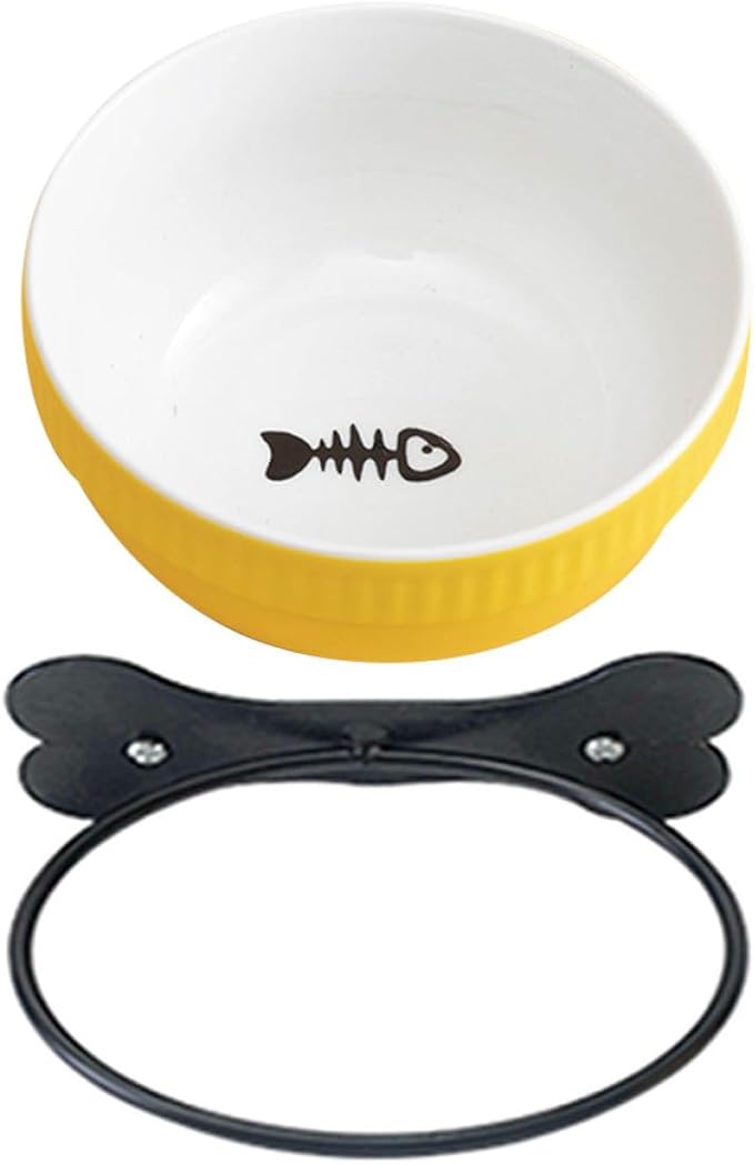 SUPVOX Ceramic Hanging Cat and Dog Bowl Set with Tilted Yellow Fishbone Design, Multi-Function Pet Feeding and Watering Bowl with Iron Hanging Stand for Indoor Cats and Puppies