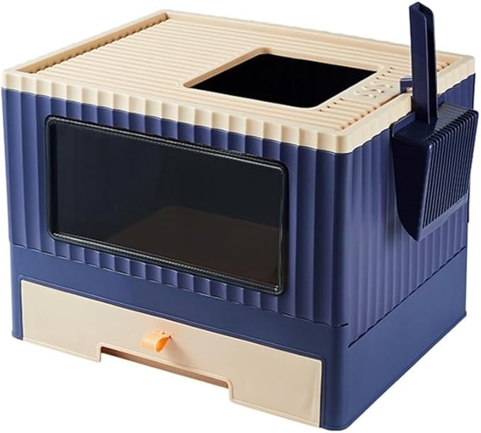 Pet Supplies, Foldable Top Entry Cat Litter Box with Lid, Anti Splashing & Drawer Design(Blue)