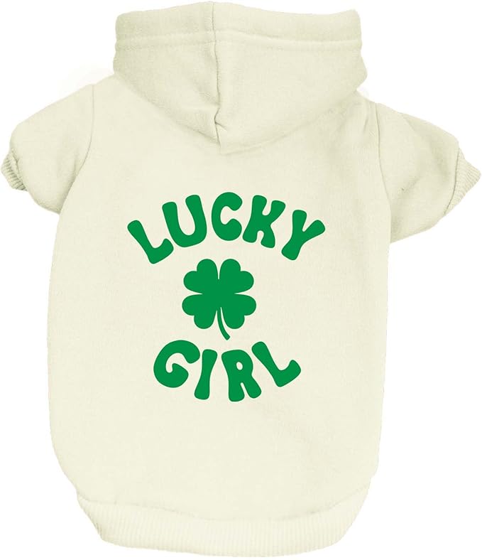 Lucky Girl Dog Hoodie | Fleece Lined |Leash Hole| St. Patrick's Day | Lucky | Shamrock | Irish Holiday|Cream, Small 1209