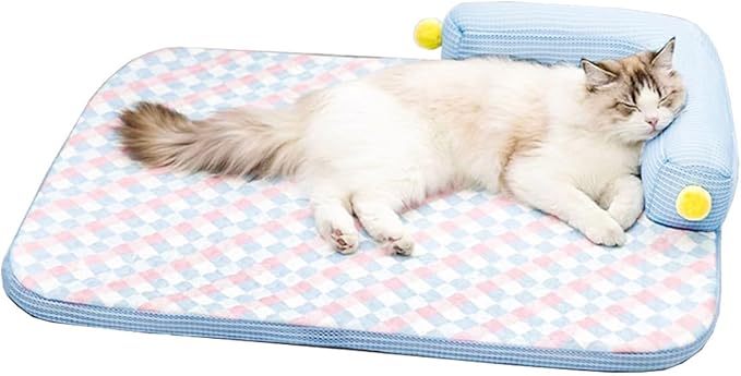 Cooling Cat Bed with Pillow – L-Shaped Sofa Design, Breathable Summer Mat for Kittens & Cats, Machine-Washable Cushion Calming Bed for Persian, Siamese, Small Pets (Blue, 21"x15"x4")