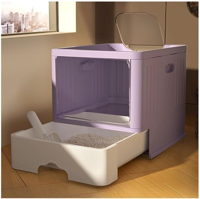 Pet Supplies, Large Enclosed Cat Litter Box with Lid, Top Entry Drawer Design & Scoop(Purple)