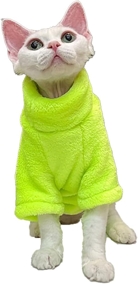 Sphynx Cat Clothes Winter Turtleneck Soft Coral Fleece Cat Clothes Thicken Warm Pajamas Coat for Hairless Cats and Small Cat Apparel with Sleeves (Fluorescent Green, XXL（12.7-16lbs）)