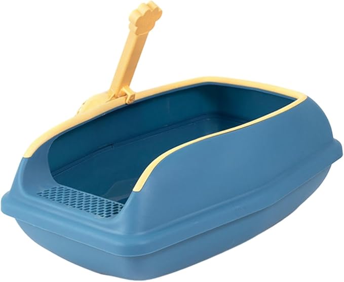 Cat Litter Box Open Top High Sided Anti Splashing Litter Tray with Scoop for Indoor Cats Kittens (2 Sizes)- S Blue