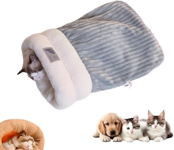 Winter Warming Cat Sleeping Bag，Soft Plush Sleeping Bag for Indoor Cats，Cozy Pet Nest for Cats and Dogs, Portable Calming Pet Nests，Cat Cave Bed Self Warming Bed, Pet Hideway (A-Grey,Large)