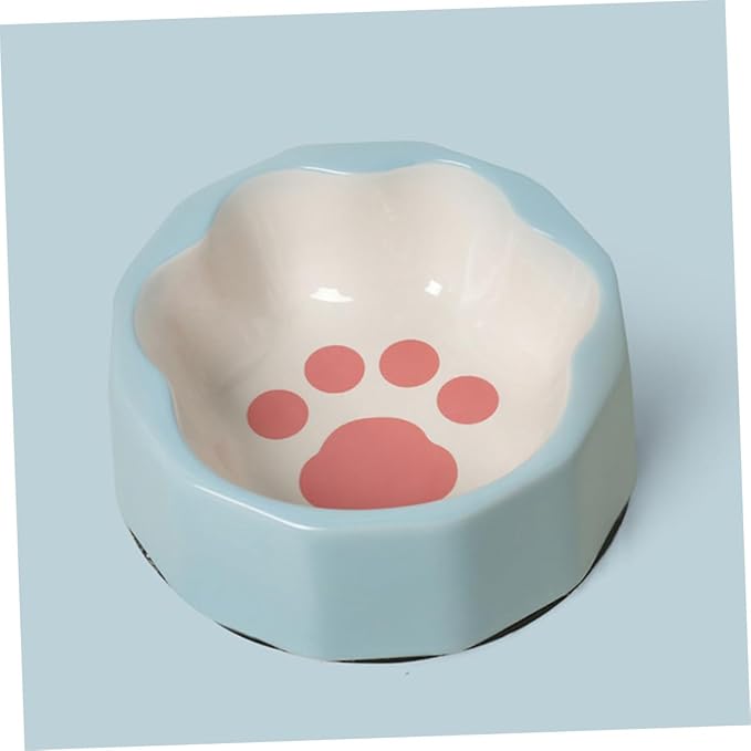 TOYANDONA Ceramic Pet Bowl Tilted Cat Dish Small Blue Slanted Dog Feeder Bowl with Animal Paw Print for Cats and Dogs Feeding and Watering Supplies