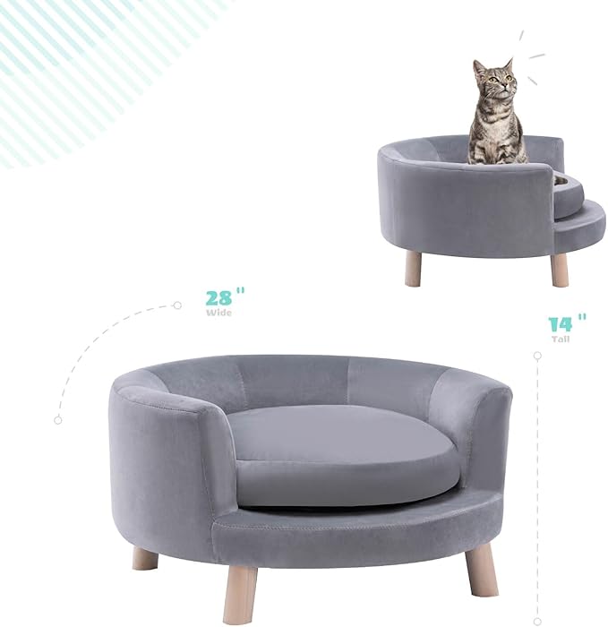 CRITTER SITTERS 28-In. Faux-Velvet Gray Dog Couch for Small to Medium-Sized Dogs, Modern and Stylish Elevated Dog Bed, Durable and Comfortable Pet Beds