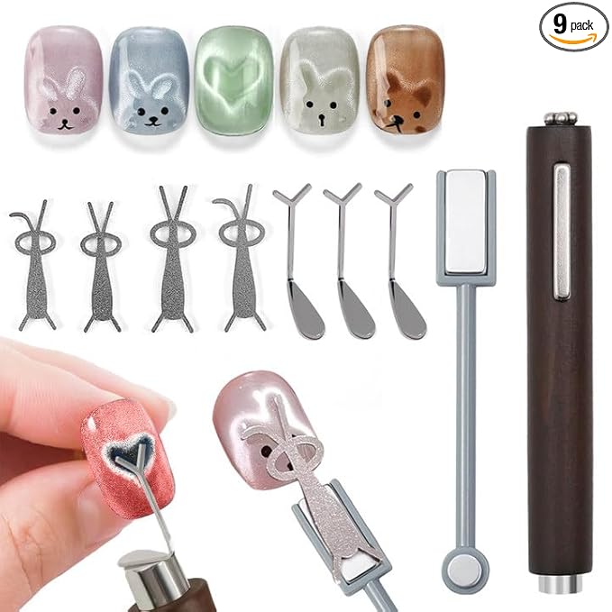 WOKOTO 2 PCS Cat Eye Magnet for Nails, Heart & Rabbit Shape Magnetic Effect Stencil, 3 In 1 Cylindrical And Double-Head Nail Magnets For Nail Art Magnetic Sticks, DIY Manicure Heart Rabbit Magnet Nail