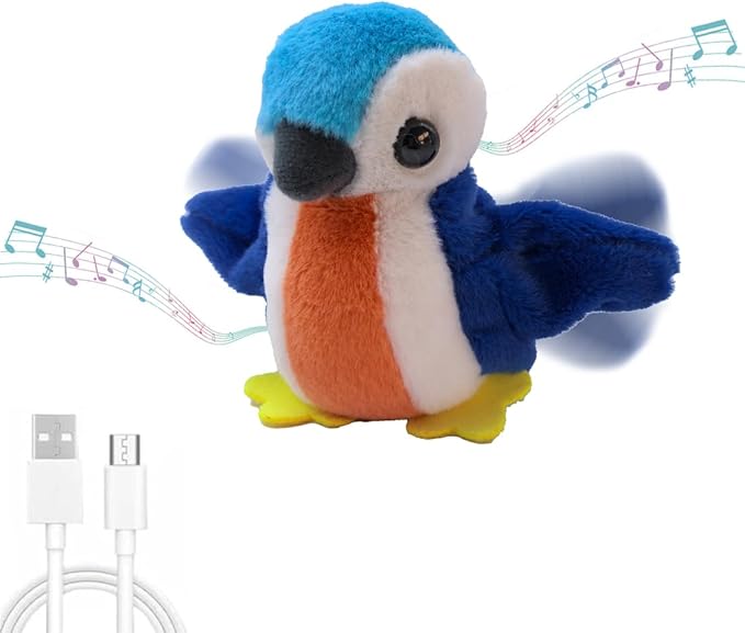 Flapping Chirping Bird Cat Toy(Non-Flying), USB Charging, Touch Activated Plush Toy,Simulates Bird Wing Flapping and Sounds, for Cats,Dogs & Small Pets (Small, Blue Dove)
