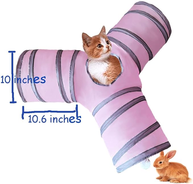 Cat Tunnel Tube Toy Collapsible 3 Way Pink Grey, Pet Tunnels for Indoor Cats, Play Tubes with Hanging Ball Perfect for Kitten, Puppy, Rabbit, Interactive Toys for Fun Playtime & Exercise