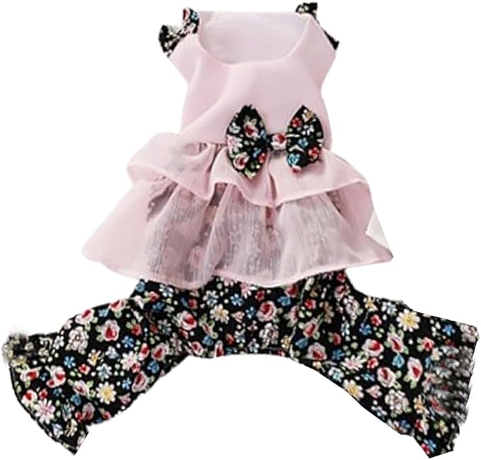 Vintage Floral Bowknot Sleeveless Romper for Small Dogs Cats Rabbits, Breathable Cotton Ruffle Flared Pants, Teacup to Small-Medium Pets for Walk Photo Vacation (Pink-Floral, Small)