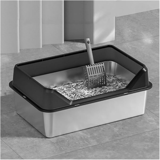 Pet Supplies, Stainless Steel Cat Litter Box for Kittens & Rabbits, Easy Clean Metal Pan(Black)