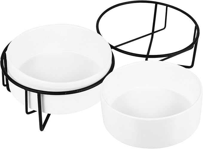 POPETPOP Ceramic Double Pet Bowl Set with Black Iron Elevated Stand, 13cm Raised Cat Feeder and Dog Food Bowl for Stable Feeding and Watering
