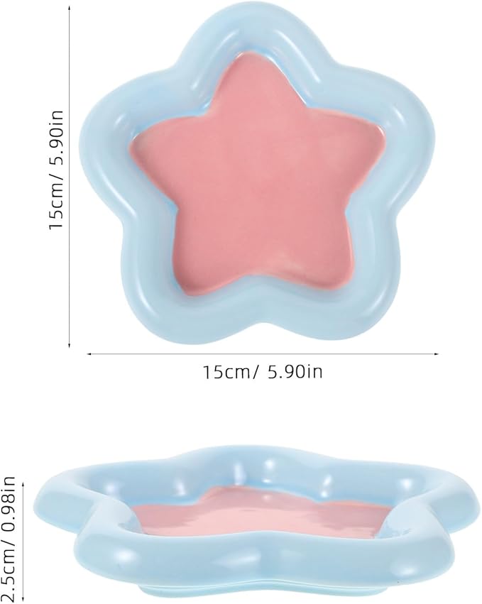 Ceramic Cat and Small Dog Food Bowl Set Whisker-Friendly Shallow Dish with Star Pattern Blue and Pink Small Size Pet Feeding and Watering Bowl for Sensitive Cats and Puppies
