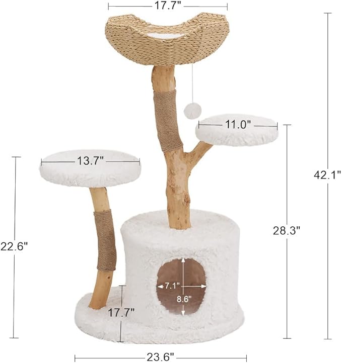 Unipaws Modern Cat Tree Tower for Small and Large Cats, Real Solid Wood Branch Luxury Cat Condo with Scratching Post and Cat Bed, Indoor Furniture for Cat Lover Gifts