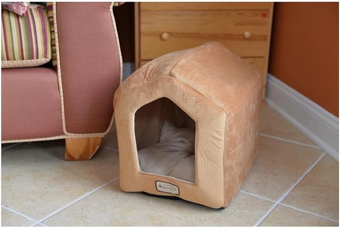 Maykoosh Cat Bed House Shape Velvet Soft Plush Cozy Pet Bed Beige & Brown