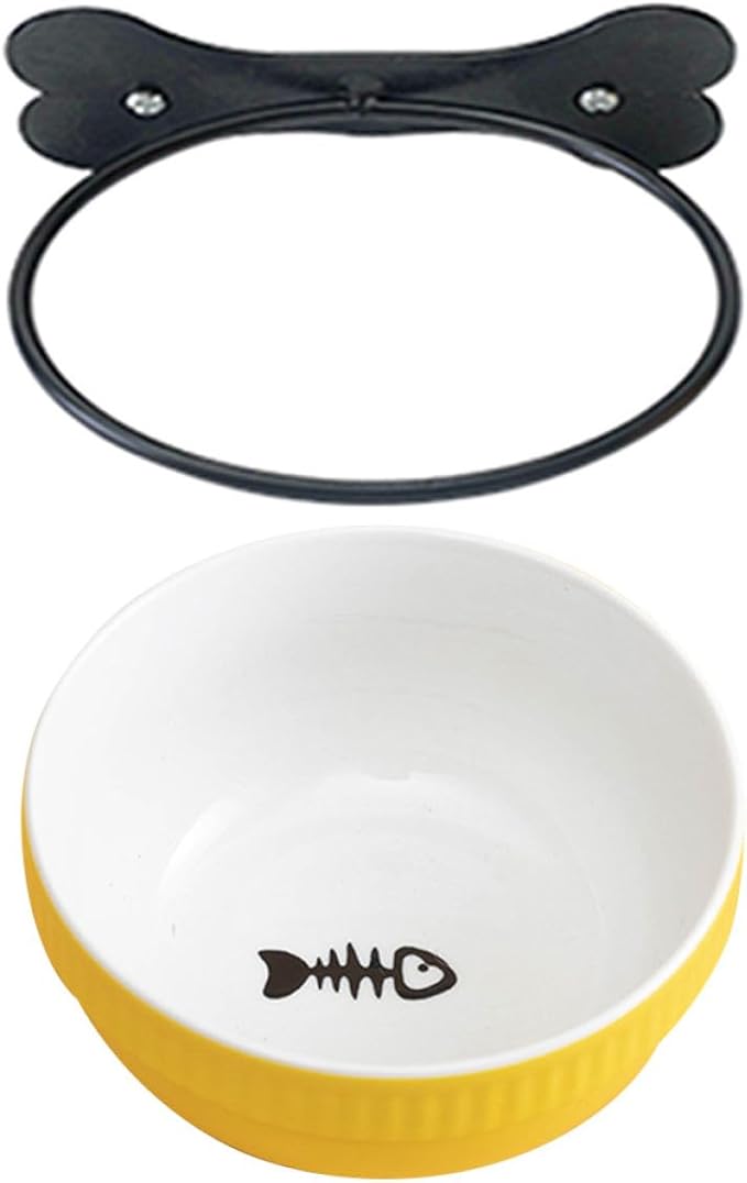 COHEALI Hanging Ceramic Cat and Puppy Bowl Set with Iron Stand, Tilted Non-Spill Design, Decorative Yellow Fishbone Pattern, Suitable for Indoor Pet Feeding and Watering