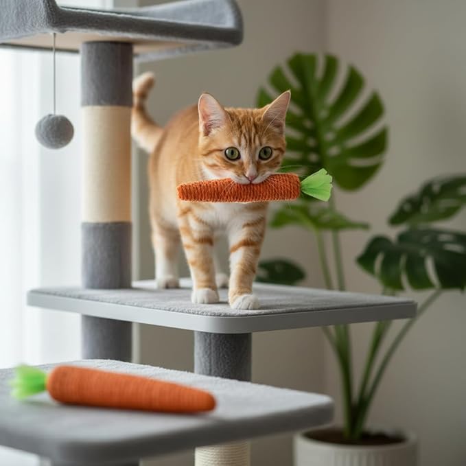 2 Pcs Orange Natural Interactive Sisal Carrot Cat Toys,Cat Dental Chew Toy Kitten Teething Toys for Indoor Cats Interactive Toys