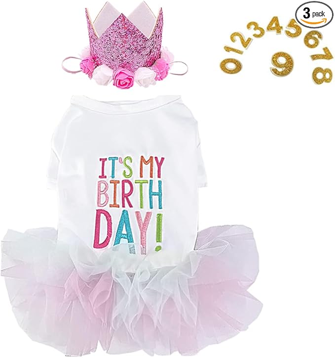 ANIAC Dog Birthday Dress and Hat Set Puppy Lace Tutu Pink Pet Crown Hat with 0-9 Figures Birthday Outfit for Cats Small Dog (White+Pink,Medium)