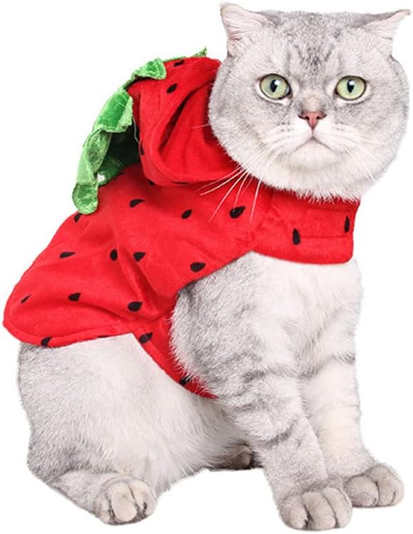 POPETPOP Cat Clothes - Strawberry Pet Halloween Costume Pet Apparel Puppy Kitten Strawberry Hooded Clothes Christmas New Year Birthday Party Daily Wear Dress Up