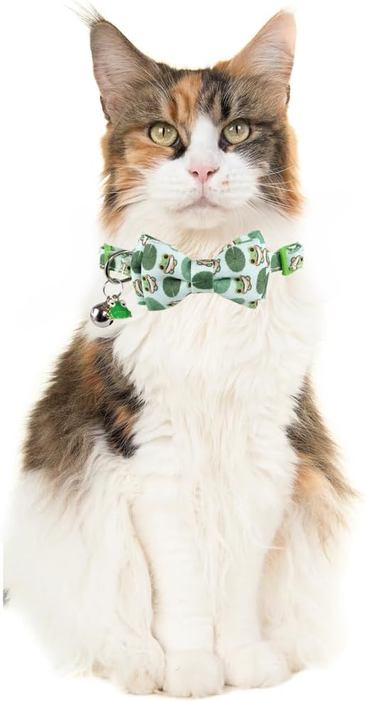 Cat Collar Breakaway with Cute Bow Tie Bandana and Bell Accessories Frog for Kitty Adjustable Safety