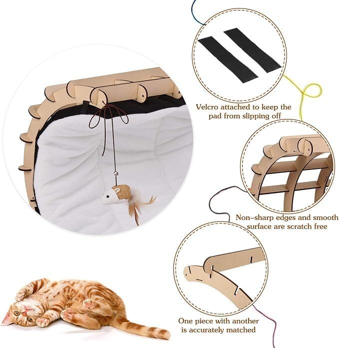 Jerry & Maggie Cat Hammock Bed for Cat Lounger, Wood Cat Beds for Indoor Cats, Cute Kitty House Furniture Toy with Soft Cozy Washable Removable Seat for Sleeping Playing and Lounging, C Shape