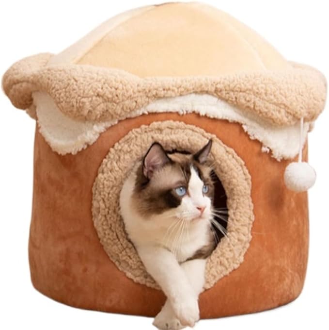 Cozy Princess-Themed Pet House for Cats & Dogs - Warm Polyester Easy Assembly Perfect for Fall/Winter Warm Cat Bed(Brown,18.9''X18.9''X18.9'')