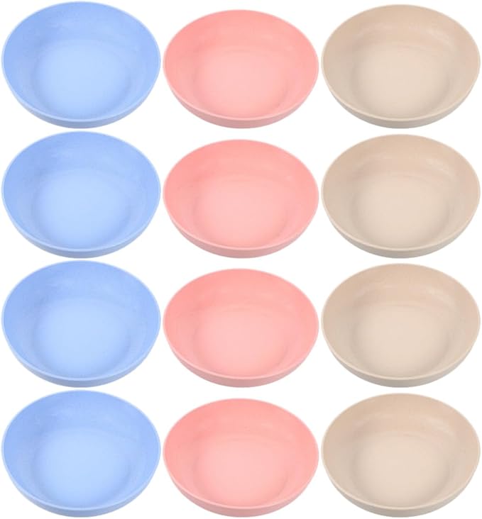 VICASKY 12pcs Shallow Plastic Cat Bowls for Feeding and Watering Indoor Cats Kitten Food Dish Wide Whisker-Friendly Pet Supply Set in Beige Pink and Blue