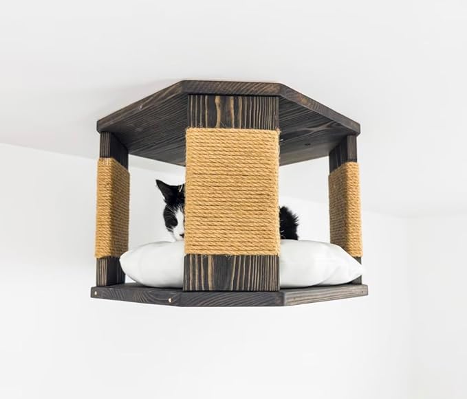 Octagon Bed, Ceiling-Mounted Wooden Octagon with Sisal Rope Scratching Posts, Cat Ceiling Furniture, Octagonal Cat Shelf Bed with Cushion, W15.75 x D15.75 x H11 (Natural)
