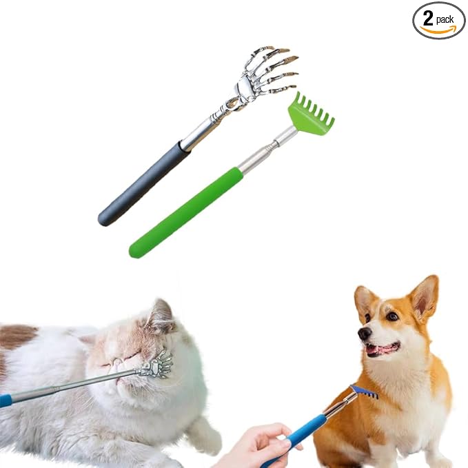 2-Pack Pet Interactive Touch Therapy Toys for Cats & Dogs, Telescopic Pet Massage Stick for Training, Bonding, Socialization, Retractable 22 Inch Skeleton Hand & Rake Shaped Teaser Wand