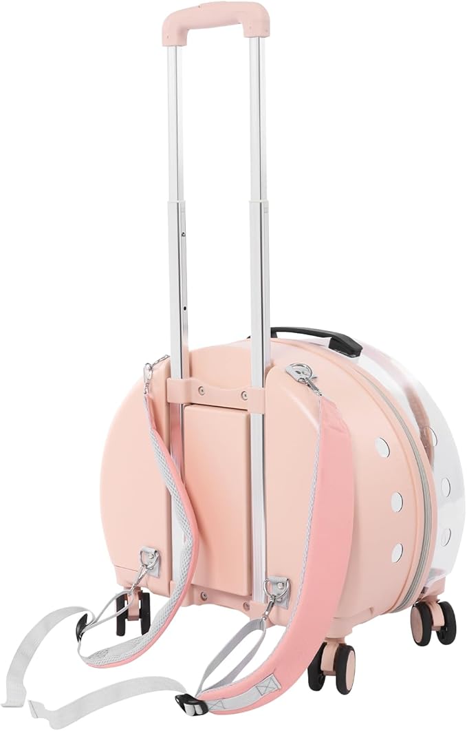 4-Wheel Rolling Cat Carrier, Hard Shell Pet Carrier with Ventilation Holes, Adjustable Handle Cat Travel Carrier, Lightweight Pet Stroller for Airplane, Car, Fits Pets up to 19.8lbs (Pink)
