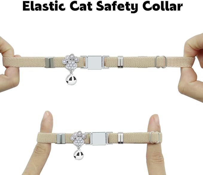 Personalized Safety Elastic Cat Collars with Bell,Laser Customized Stretch Kitten Collars for Girls Boys Cats-Khaki