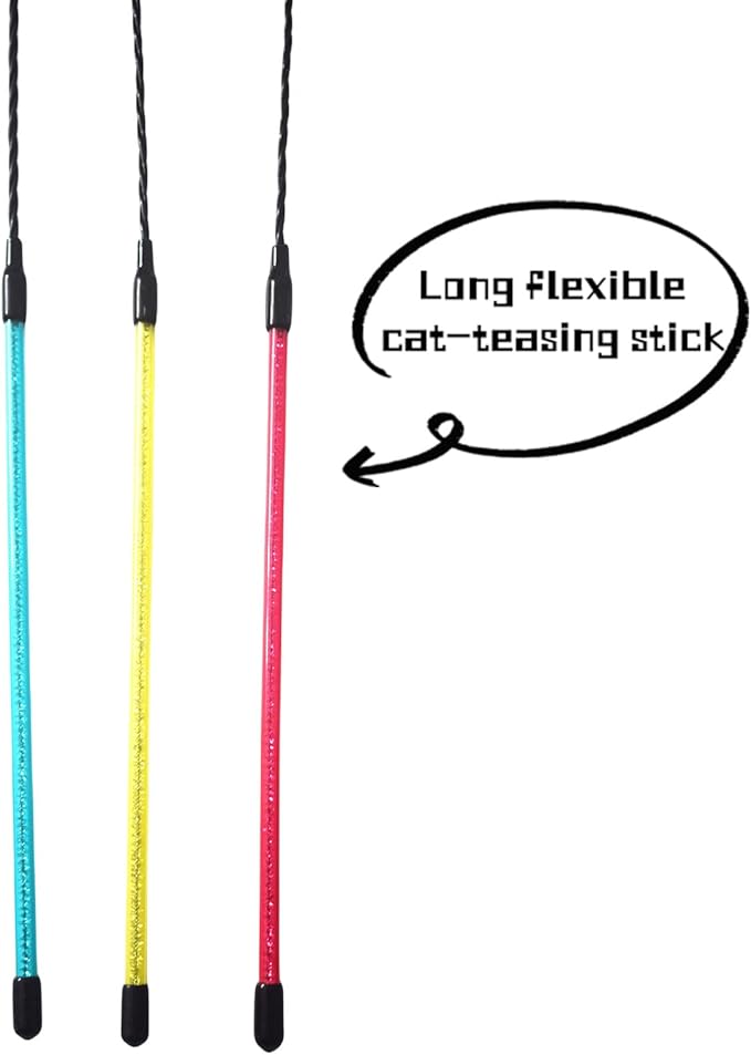 IUHKBH Cat Feather Wands, 3 Colors Soft Turkey Feather Teaser Wands Interactive Unbreakable Kitten Wands Fun Kitty Toy for Indoor Cats Play Exercise
