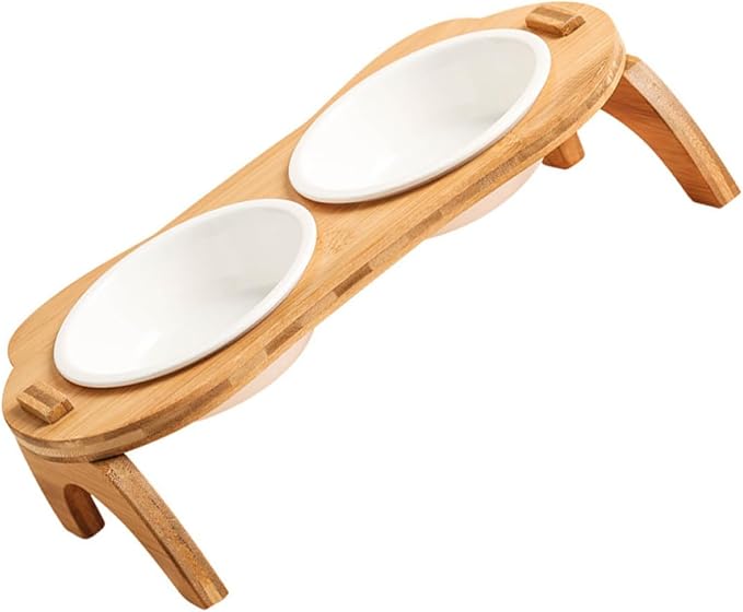 Raised Double Pet Feeding Bowls with High Base, White Ceramic Food and Water Dishes with Wooden Stand, Spine Protection Elevated Cat and Dog Feeder for Comfortable Eating
