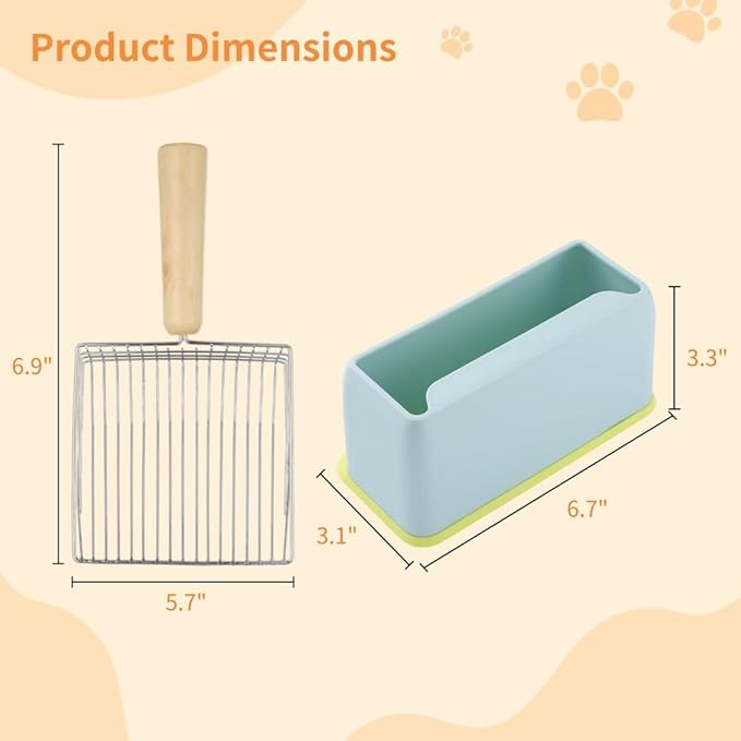 Cat Litter Scoop with Abs Holder and Stand, Metal Poop Scooper Set with Wooden Handle for Litter Box Cleanup