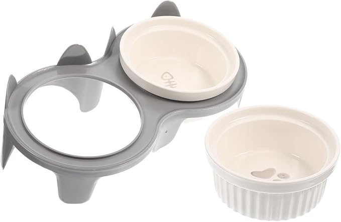 Ceramic Elevated Cat Bowl Set with Gray Thickened Dual Bowls and Sturdy Stand, Slanted Design for Neck Protection, Suitable for Kitten Feeding and Pet Watering