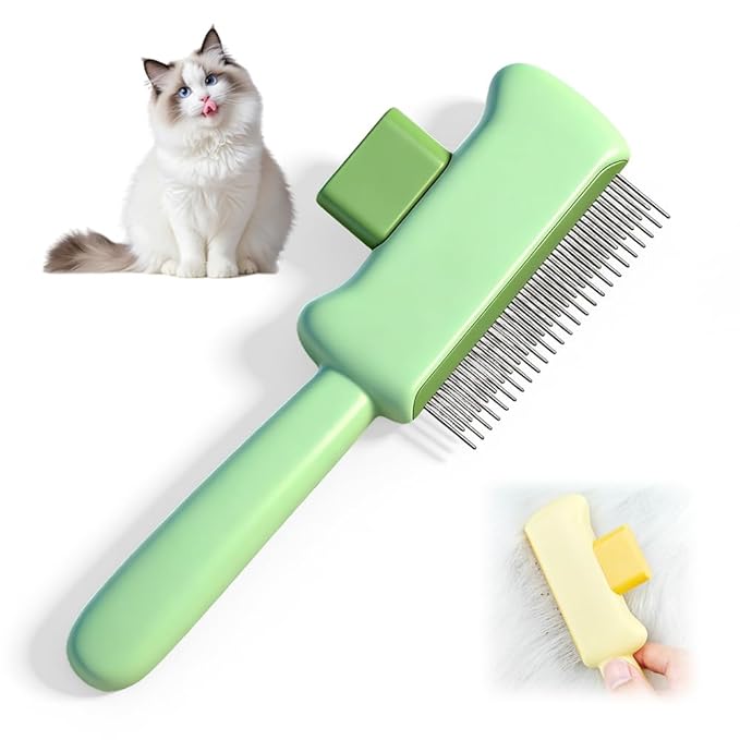Cat Self Cleaning Pet Hair Removal Comb, Cat Grooming Brush With Long Short Stainless Steel Metal Teeth, Pet Grooming Brush For Home, Portable Cat And Dog Grooming Comb For Travel (Green)