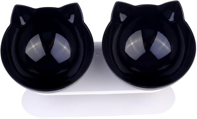 Ciieeo Double Cat Food Bowl with Tilted Design, Black Plastic Raised Pet Feeder for Cats and Small Dogs, Anti-Spill Neck-Protecting Double Plastic Pet Bowl for Feeding and Watering