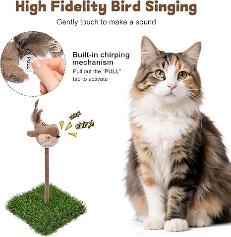 Chirping Bird Cat Toy with Stable Grass Base - Interactive Motion Activated Bird Sound Teaser for Indoor Cats, Fluttering Feather Kitten Toy