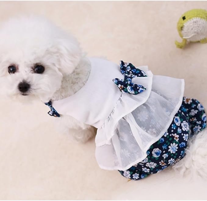 Vintage Floral Bowknot Sleeveless Romper for Small Dogs Cats Rabbits, Breathable Cotton Ruffle Flared Pants, Teacup to Small-Medium Pets for Walk Photo Vacation (Blue-Floral, X-Small)