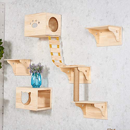 9pcs Wall Wood Climber Set - 2 Cat Condos Houses & 4 Shelves & 2 Ladders & 1 Sisal Cat Scratching Post Cat Steps, Perch & Bed