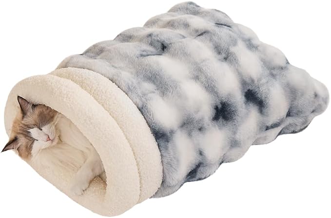 SOMAHE Cat Sleeping Bag for Indoor Cats, Faux Fur Pet Cave Bed & Burrow Nest, Reversible Plush Snuggle Sack, Portable Foldable Mat, Machine Washable, Anti-Static, 21.7"x17.7" Blue White