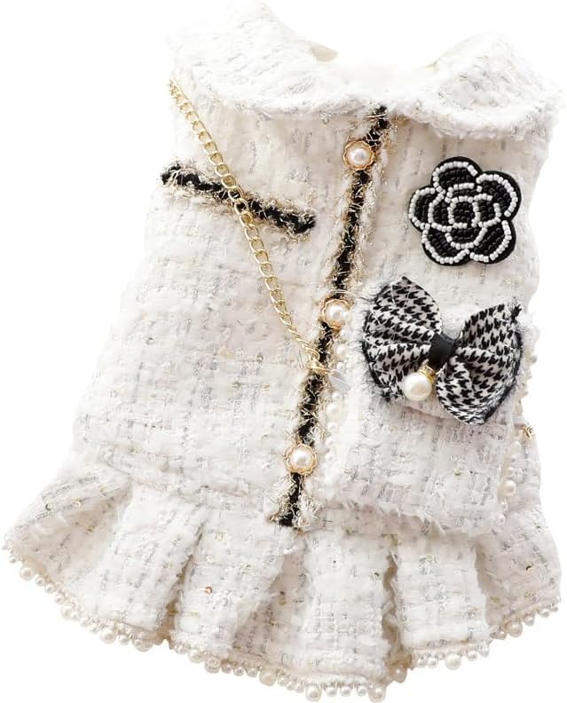 Pet Dress with Pearl Buttons, White Tweed with Black Bow and Rose Embellishments, Small Dog and cat Princess Outfit (White, Medium)