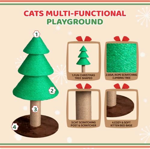 VINGLI 31.5in Christmas Tree Cat Scratcher, Green Cat Scratching Post for Indoor Cats, Large Sisal Cat Scratching Tree Tower with Soft Fleece Base, Stable Cat Tree for Kittens & Adult Cats