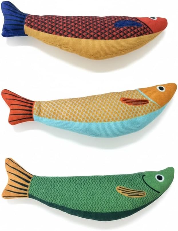 Cat Toy Saury Fish, 3-Pack (Green, Yellow, Orange), Catnip & Bell Sound, Soft & Durable, Interactive Kitten Toy for Indoor Cat Exercise, 8.7 Inches, Suitable for All Cat Breeds